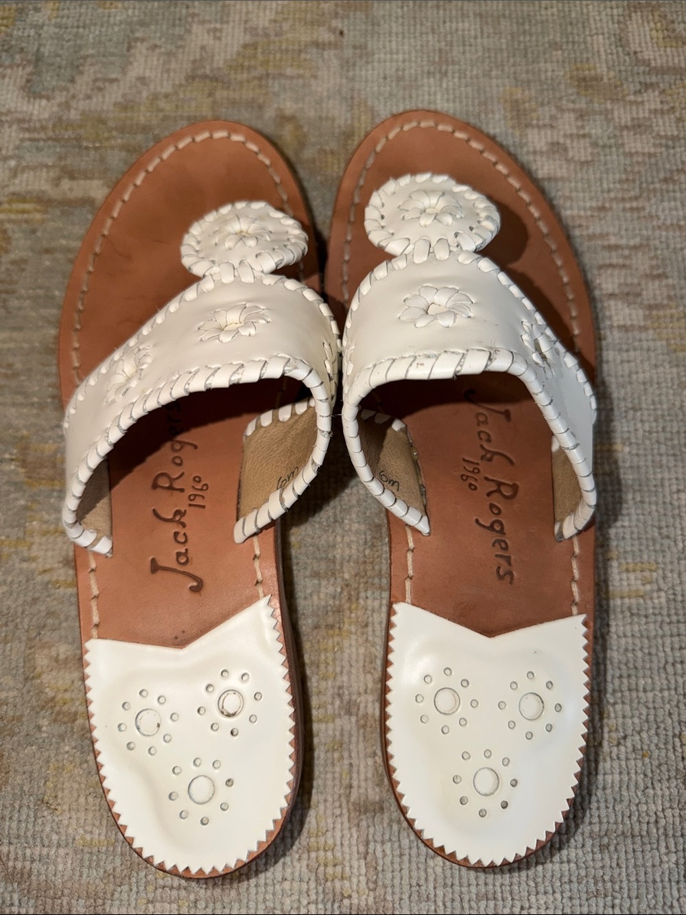 Jack Rogers White Leather Flower-Trim Sandals - Picture 3 of 3